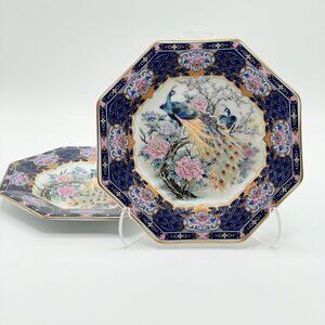 Vintage Set Octagonal Peacock Chinoiserie Transferware Porcelain Plates Japan